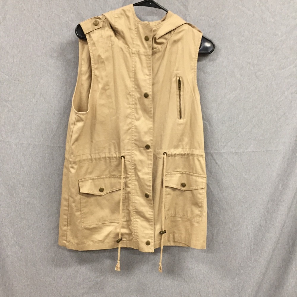 Zenana Outfitters Womens Tan Utility Vest Hooded Drawstring Waist Khaki Medium